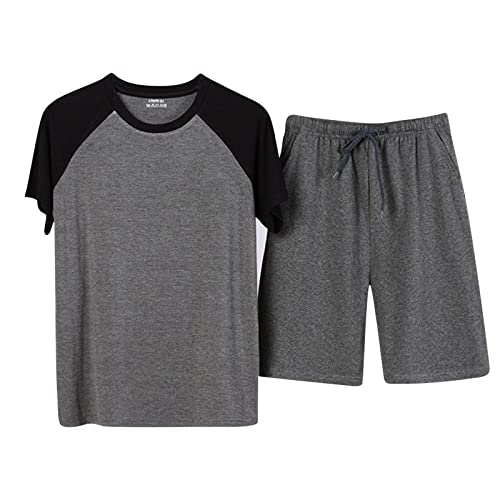 Schlafanzug kurz Jungen, Schlafanzug Herren Baumwolle Kurz Zweiteiliger Pyjama Set Casual Nightwear Nachtwäsche Bequeme Kurzarm T-Shirt und Shorty Schlafanzughose Sommer Pyjama-Set Weich von pxjsdwe