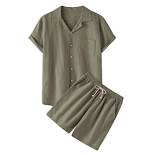 pxjsdwe sommer outfit herren 2 teiler leinen, Zweiteiler Herren Leinenanzug Sommer Kurz Schlafanzug Freizietianzug Einfarbig 2 Teiler Kurzarm Button-Up Revers Hemd und Shorts Leicht Baumwolle Leinen von pxjsdwe
