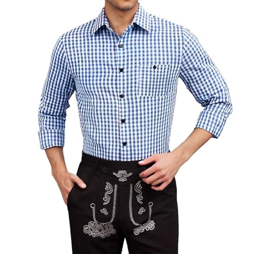 pxjsdwe Trachtenhemd Herren Langarm, Trachtenhemd Herren Weiß Slim Fit Langarm Oktoberfest Hemd mit Stehkragen Mode Freizeithemd Trachten Hemden Männer Casual Langarmhemd Blau M von pxjsdwe