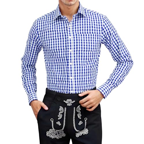 pxjsdwe Trachtenhemd Herren Langarm, Trachtenhemd Herren Weiß Slim Fit Langarm Oktoberfest Hemd mit Stehkragen Mode Freizeithemd Trachten Hemden Männer Casual Langarmhemd Dunkelblau XL von pxjsdwe