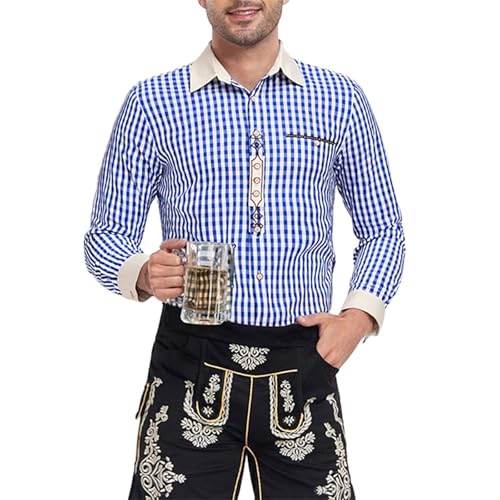 pxjsdwe Trachtenhemd Herren Slim fit, Trachtenhemd Herren Weiß Slim Fit Langarm Oktoberfest Hemd mit Stehkragen Mode Freizeithemd Trachten Hemden Männer Casual Langarmhemd Blau XXL von pxjsdwe