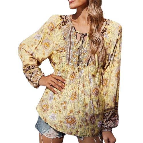pxjsdwe damenblusen Sommer, Bluse Damen Elegant Lässige Boho Oberteile V-Ausschnitt Blumenmuster Lose Tunika Langarm Sommer Casual Blusenshirt Große Größen Casual Hippie Blusen von pxjsdwe