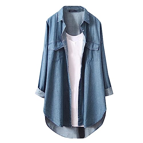 pxjsdwe hellblaues jeanshemd Damen, Jeansbluse Damen Sommer mit Brusttaschen Casual Oberteile Button Down Langarm Hemdbluse Jeanshemd Oversize Denim Hemd Jeansjacke Locker Lässige Hemden Tunika von pxjsdwe