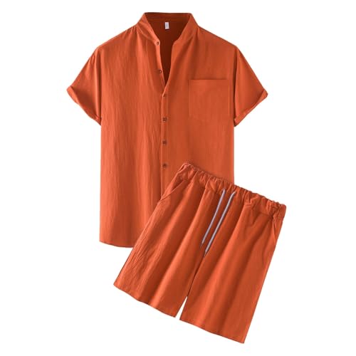 pxjsdwe herren kleidung sommer, Zweiteiler Herren Leinenanzug Sommer Kurz Schlafanzug Freizietianzug Einfarbig 2 Teiler Kurzarm Button-Up Revers Hemd und Shorts Leicht Baumwolle Leinen Strand Outfit von pxjsdwe