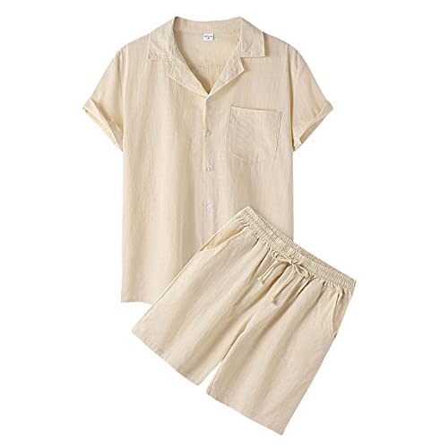 pxjsdwe herren pyjama kurz, Zweiteiler Herren Leinenanzug Sommer Kurz Schlafanzug Freizietianzug Einfarbig 2 Teiler Kurzarm Button-Up Revers Hemd und Shorts Leicht Baumwolle Leinen Strand Outfit von pxjsdwe