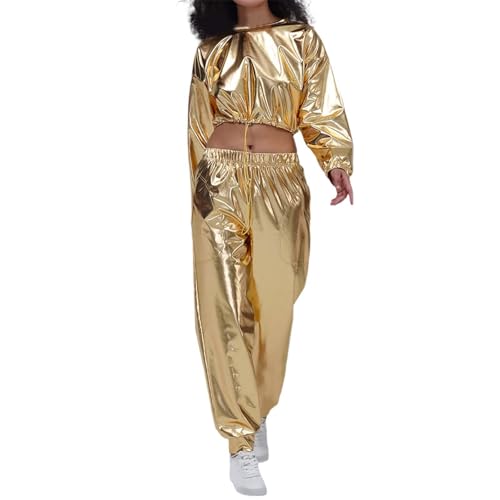 pxjsdwe hosenanzug damen, Alien Kostüm Damen Langarm Glitter Kapuzen Trainingsanzug Glänzend Metallic Crop Top Jogginghose 2-Teilig Alien Space Girl Kostüm Hip Hop Festival 80er Jahre Disco Party Set von pxjsdwe