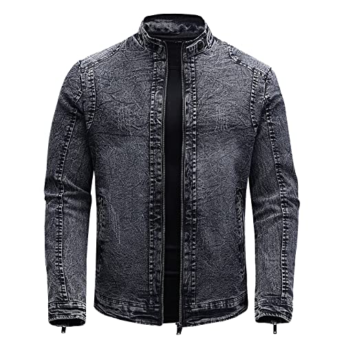 pxjsdwe jacke herren, Jeans Jacke Herren Slim Fit Leichte Denim Jacket Übergangsjacke Stehkragen Große Größen Jeansjacke Sommerjacke Vintage Western Bikerjacke Motorrad Schwarz Hemdjacke von pxjsdwe