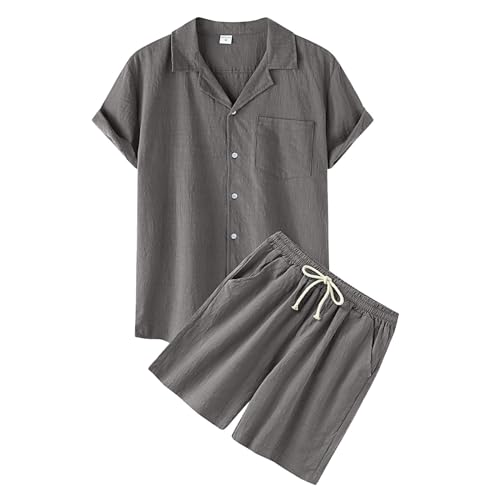pxjsdwe kleidung herren, Zweiteiler Herren Leinenanzug Sommer Kurz Schlafanzug Freizietianzug Einfarbig 2 Teiler Kurzarm Button-Up Revers Hemd und Shorts Leicht Baumwolle Leinen Strand Outfit von pxjsdwe