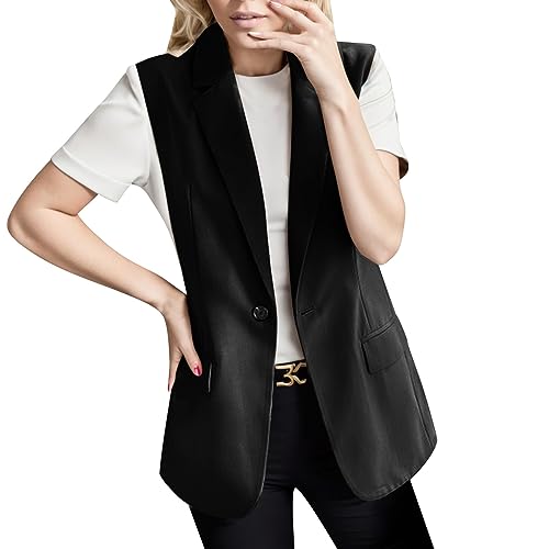 pxjsdwe leichte Weste Damen, Weste Damen Knopf Ärmellos Anzugjacke Anzugweste Elegant Casual Sommerjacke Sakko Business Sommer Blazer Einfarbig Open Front Büro Sweatblazer Anzug Jacke XXL von pxjsdwe