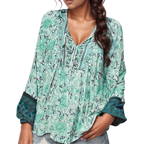 pxjsdwe leinenbluse Damen Sommer, Bluse Damen Elegant Lässige Boho Oberteile V-Ausschnitt Blumenmuster Lose Tunika Langarm Sommer Casual Blusenshirt Große Größen Casual Hippie Blusen von pxjsdwe