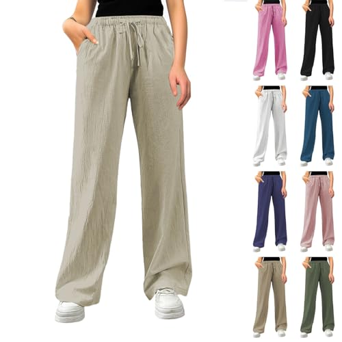 pxjsdwe lockere Hosen Damen, Musselin Hose Damen Lang Leicht Sommerhose Stoffhose Einfarbig Weites Bein Freizeithose Gerade Geschnitten Leinenhose Casual Locker Strandhose mit Tunnelzug und Taschen von pxjsdwe