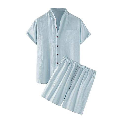 pxjsdwe männer sommer outfit, Zweiteiler Herren Leinenanzug Sommer Kurz Schlafanzug Freizietianzug Einfarbig 2 Teiler Kurzarm Button-Up Revers Hemd und Shorts Leicht Baumwolle Leinen Strand Outfit von pxjsdwe