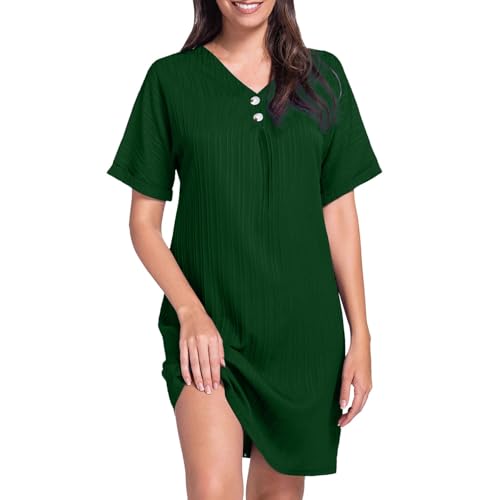 pxjsdwe musselin Kleid Damen XXL, Musselin Kleid Damen Sommer Kurzarm Strandkleid Freizeitkleid V-Ausschnitt Casual Sommerkleid Blusenkleid Einfarbig Elegant Midikleid Hemdkleid Leicht Locker Luftig von pxjsdwe