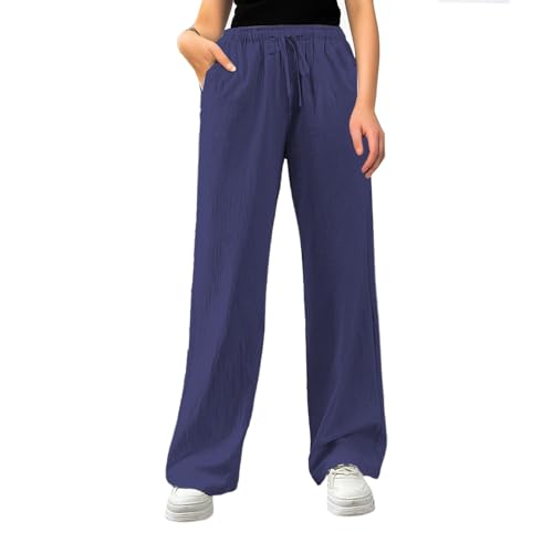 pxjsdwe musselinhose Damen, Musselin Hose Damen Lang Leicht Sommerhose Stoffhose Einfarbig Weites Bein Freizeithose Gerade Geschnitten Leinenhose Casual Locker Strandhose mit Tunnelzug und Taschen von pxjsdwe