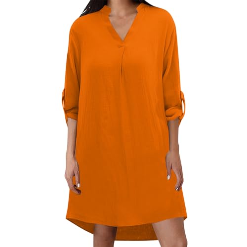 pxjsdwe musselinkleid, Musselin Kleid Damen Sommer Kurzarm Strandkleid Freizeitkleid V-Ausschnitt Casual Sommerkleid Blusenkleid Einfarbig Elegant Midikleid Hemdkleid Leicht Locker Luftig Shirtkleid von pxjsdwe