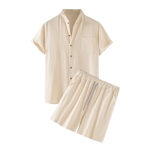 pxjsdwe sommer anzug herren, Zweiteiler Herren Leinenanzug Sommer Kurz Schlafanzug Freizietianzug Einfarbig 2 Teiler Kurzarm Button-Up Revers Hemd und Shorts Leicht Baumwolle Leinen Strand Outfit von pxjsdwe