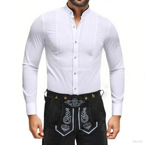 pxjsdwe trachtenshirt Herren, Trachtenhemd Herren Weiß Slim Fit Langarm Oktoberfest Hemd mit Stehkragen Mode Freizeithemd Trachten Hemden Männer Casual Langarmhemd Weiß L von pxjsdwe