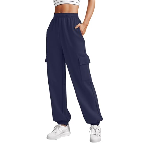 pxjsdwe warme Jogginghose Damen, Damen Jogginghose High Waist mit Taschen Sweathose Baggy Fitness Sporthose Trainingshose Sport Lang Freizeithose Locker Baumwolle Yogahose Laufhosen von pxjsdwe