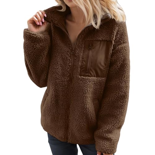 pxjsdwe winter jacket for women, Teddy Fleecejacke Damen Reißverschluss Gefüttert Plüschjacke Fleecemantel Flauschig Winter Warm Teddyjacke Elegant Kuschelige Wintermantel Weich Große Größe Braun XL von pxjsdwe