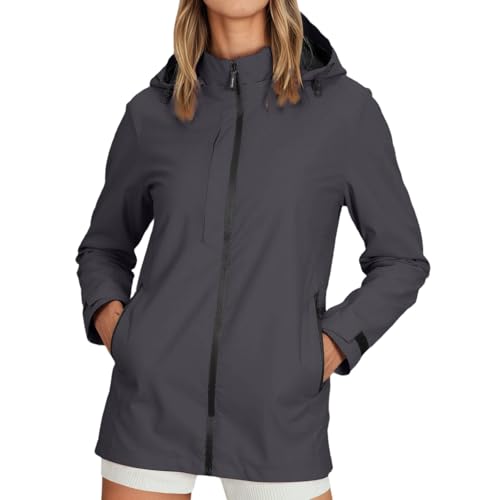 regenjacke damen sport, Regenjacke Damen Wasserdicht Atmungsaktiv Leicht Regenmantel Softshelljacke mit Kapuze Fahrrad Wandern Jacke Windbreaker Übergangsjacke Große Größen Sport Outdoorjacke Grau M von pxjsdwe