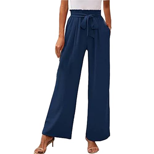 sommerhose damen leicht, Musselin Hose Damen Lang Leicht Sommerhose Palazzo Hose Hohe Taille Baggy Marlenehose Stoffhose Weites Bein Einfarbig Freizeithose Elegant Bequeme Weite Hosen mit Taschen von pxjsdwe