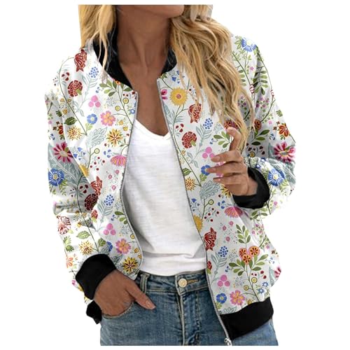 sommerjacke damen leicht, Bomberjacke Damen Blumenmuster Leichte Sommerjacke Casual Kurz Reißverschluss Pilotenjacke Blouson Jacke mit Taschen Langarm Übergangsjacke Fliegerjacke Dünne College Jacke von pxjsdwe