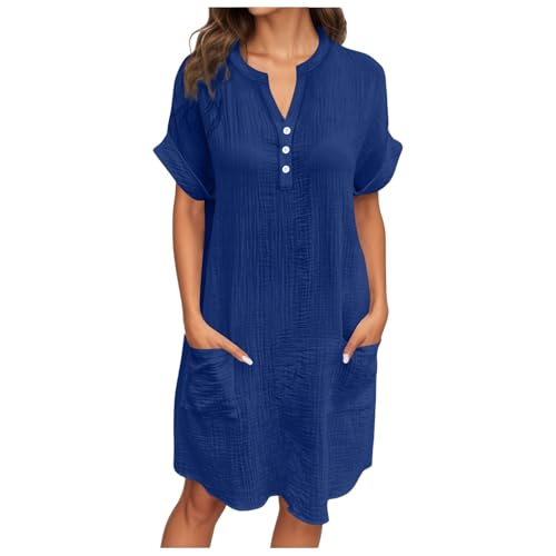 sommerkleid damen, Musselin Kleid Damen Leicht Luftig Sommerkleid Strandkleid V-Ausschnitt Knopfleiste Shirtkleid Freizeitkleid Sommer Kurzarm Blusenkleid Midikleid Locker Elegant Hemdkleid XXL von pxjsdwe
