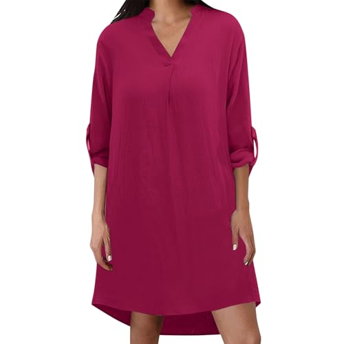 sommerkleid damen kurz bunt, Musselin Kleid Damen Sommer Kurzarm Strandkleid Freizeitkleid V-Ausschnitt Casual Sommerkleid Blusenkleid Einfarbig Elegant Midikleid Hemdkleid Leicht Locker Luftig von pxjsdwe