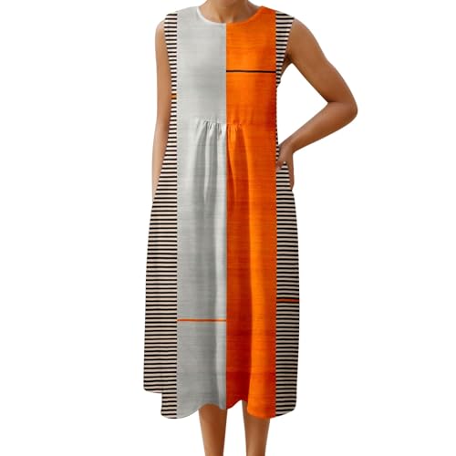 sommerkleid damen weiß, Musselin Kleid Damen Leicht Luftig Lang Sommerkleid Freizeitkleid Große Größen Rundhals Vintage Boho Blumenkleid Strandkleid Sommer Ärmellos Locker Maxikleid Blusenkleid M von pxjsdwe