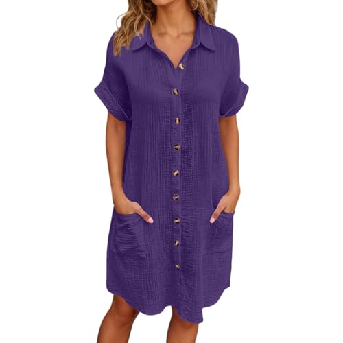 sommerkleid damen weiß boho, Musselin Kleid Damen Leicht Luftig Sommerkleid Strandkleid V-Ausschnitt Knopfleiste Shirtkleid Freizeitkleid Sommer Kurzarm Blusenkleid Midikleid Locker Elegant Hemdkleid von pxjsdwe