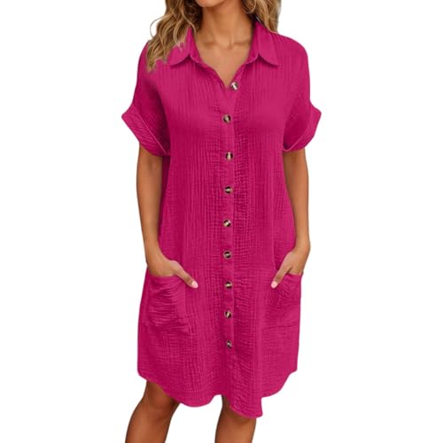 sommerkleid damen weiß midi, Musselin Kleid Damen Leicht Luftig Sommerkleid Strandkleid V-Ausschnitt Knopfleiste Shirtkleid Freizeitkleid Sommer Kurzarm Blusenkleid Midikleid Locker Elegant Hemdkleid von pxjsdwe