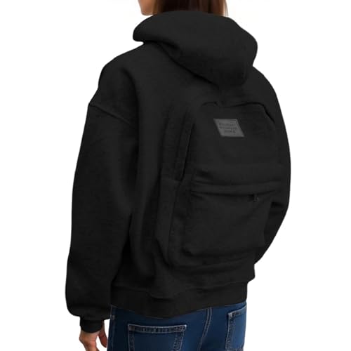 sportjacke damen, Hoodie Herren Damen mit Backpack Travel Kapuzenpullover Oversize Casual Reißverschluss Sweatjacke Kapuzenjacke Integriertem Rucksack Langarm Sweatshirt Sport Streetwear Schwarz L von pxjsdwe