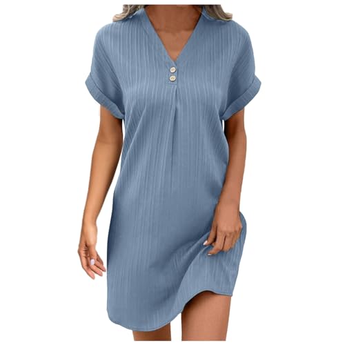 strandkleid damen blau, Musselin Kleid Damen Sommer Kurzarm Strandkleid Freizeitkleid V-Ausschnitt Casual Sommerkleid Blusenkleid Einfarbig Elegant Midikleid Hemdkleid Leicht Locker Luftig Shirtkleid von pxjsdwe