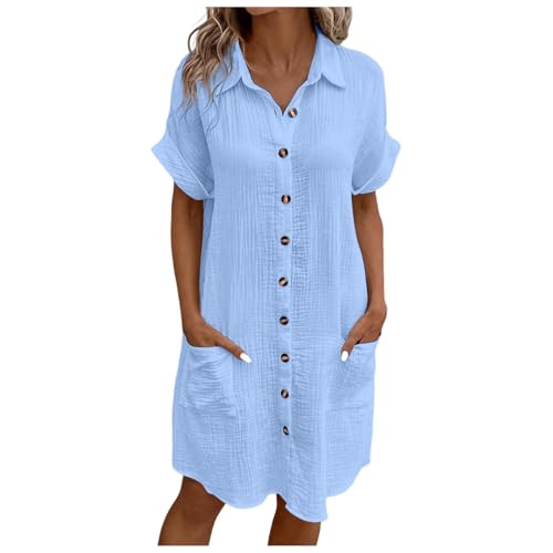 strandkleid damen luftig lang, Musselin Kleid Damen Sommer Kurzarm Strandkleid Freizeitkleid V-Ausschnitt Casual Sommerkleid Blusenkleid Einfarbig Elegant Midikleid Hemdkleid Leicht Locker Luftig von pxjsdwe