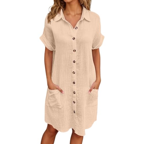 strandkleid damen midi, Musselin Kleid Damen Leicht Luftig Sommerkleid Strandkleid V-Ausschnitt Knopfleiste Shirtkleid Freizeitkleid Sommer Kurzarm Blusenkleid Midikleid Locker Elegant Hemdkleid von pxjsdwe
