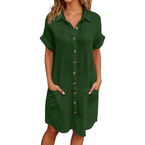 strandkleid damen weiß lang, Musselin Kleid Damen Leicht Luftig Sommerkleid Strandkleid V-Ausschnitt Knopfleiste Shirtkleid Freizeitkleid Sommer Kurzarm Blusenkleid Midikleid Locker Elegant Hemdkleid von pxjsdwe