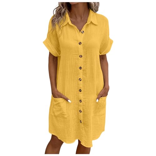 strandkleid midi damen sommer, Musselin Kleid Damen Sommer Kurzarm Strandkleid Freizeitkleid V-Ausschnitt Casual Sommerkleid Blusenkleid Einfarbig Elegant Midikleid Hemdkleid Leicht Locker Luftig von pxjsdwe