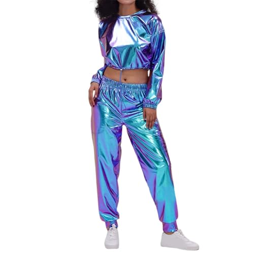 streatwear trainingsanzüge für damen, Alien Kostüm Damen Langarm Glitter Kapuzen Trainingsanzug Glänzend Metallic Crop Top Jogginghose 2-Teilig Alien Space Girl Kostüm Hip Hop Festival 80er Jahre von pxjsdwe