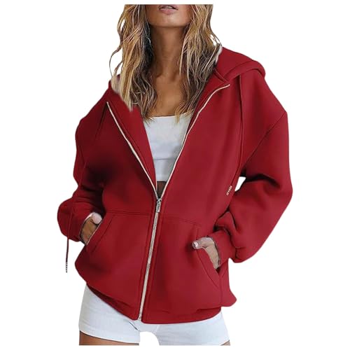 sweatjacke schwarz damen, Sweatjacke Damen mit Kapuze Oversize Y2K Zipper Hoodie Sport Style Casual Kapuzenjacke Langarm Leichte Sportjacke Teenager Mädchen Kapuzenpullover Sweatshirt Jacke Rot M von pxjsdwe