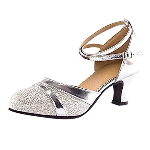 Tanzschuhe Damen weiß Absatz, Pumps Damen 37 Latein Spitze Spangenpumps High Heels Bequem Slingback Tanzschuhe Sandalen Elegant Blockabsatz Riemchenpumps mit Absatz Silber Stöckelschuhe Ballschuhe von pxjsdwe