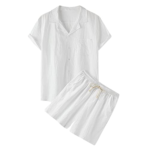 trainingsanzug herren kurz, Zweiteiler Herren Leinenanzug Sommer Kurz Schlafanzug Freizietianzug Einfarbig 2 Teiler Kurzarm Button-Up Revers Hemd und Shorts Leicht Baumwolle Leinen Strand Outfit von pxjsdwe