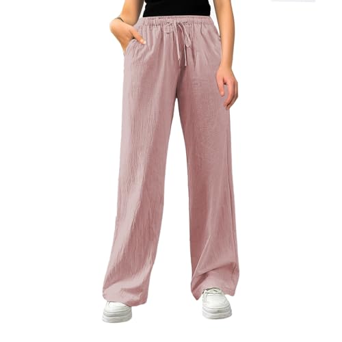 weisse hose damen sommer, Musselin Hose Damen Lang Leicht Sommerhose Stoffhose Einfarbig Weites Bein Freizeithose Gerade Geschnitten Leinenhose Casual Locker Strandhose mit Tunnelzug und Taschen von pxjsdwe