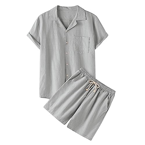 zweiteiler herren sommer kurz, Zweiteiler Herren Leinenanzug Sommer Kurz Schlafanzug Freizietianzug Einfarbig 2 Teiler Kurzarm Button-Up Revers Hemd und Shorts Leicht Baumwolle Leinen Strand Outfit von pxjsdwe