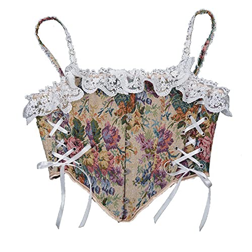 Hof Vintage Floral Print Weste Sexy Korsett Y2K Lace Up Fishbone Push Up Strap Bustier Lace Top Korsett für Frauen von pztqxz