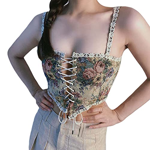 Hof Vintage Floral Print Weste Sexy Korsett Y2K Lace Up Fishbone Push Up Strap Bustier Lace Top Korsett für Frauen von pztqxz