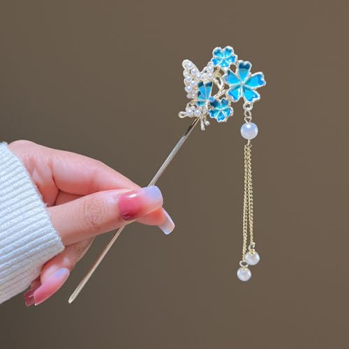 qbodp 2 Stück Blumen Haarstäbchen Haarspangen Für Damen, Chinesische Haar Essstäbchen Für Dutts, Dekorative Essstäbchen Mit Perlenquaste Haar Accessoires Ästhetische Haarnadeln, Blau von qbodp