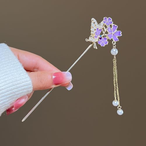 qbodp 2 Stück Blumen Haarstäbchen Haarspangen Für Damen, Chinesische Haar Essstäbchen Für Dutts, Dekorative Essstäbchen Mit Perlenquaste Haar Accessoires Ästhetische Haarnadeln, Violett von qbodp