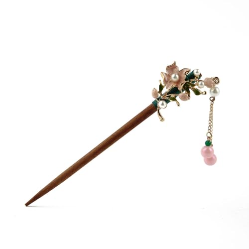 qbodp 2 Stück Haarspangen Aus Holz, Haarspangen Für Damen, Chinesische Haarstäbchen Für Dutts, Perlen Blumen Quastenkette Dekorative Essstäbchen Haar Accessoires Ästhetische Haarnadeln, Hellrosa von qbodp