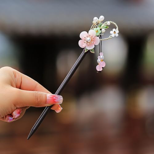 qbodp 2 Stück Haarspangen Aus Holz Für Damen, Chinesische Haarstäbchen Für Dutts, Blumen Dekorative Essstäbchen Haarschmuck Ästhetische Haarnadeln, Hellrosa von qbodp