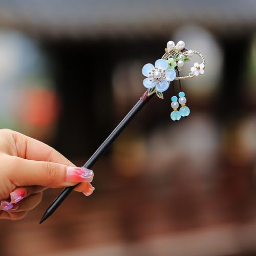 qbodp 2 Stück Haarspangen Aus Holz Für Damen, Chinesische Haarstäbchen Für Dutts, Dekorative Blumen Essstäbchen Haarschmuck Ästhetische Haarnadeln, Blau von qbodp